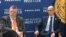 Pavel Butorin, esposo de la periodista ruso-estadounidense detenida Alsu Kurmasheva, y Paul Beckett, del diario Wall Street Journal, en una conferencia en el National Press Club, Washington, DC, el 27 de noviembre del 2023. (Imagen de OCB).